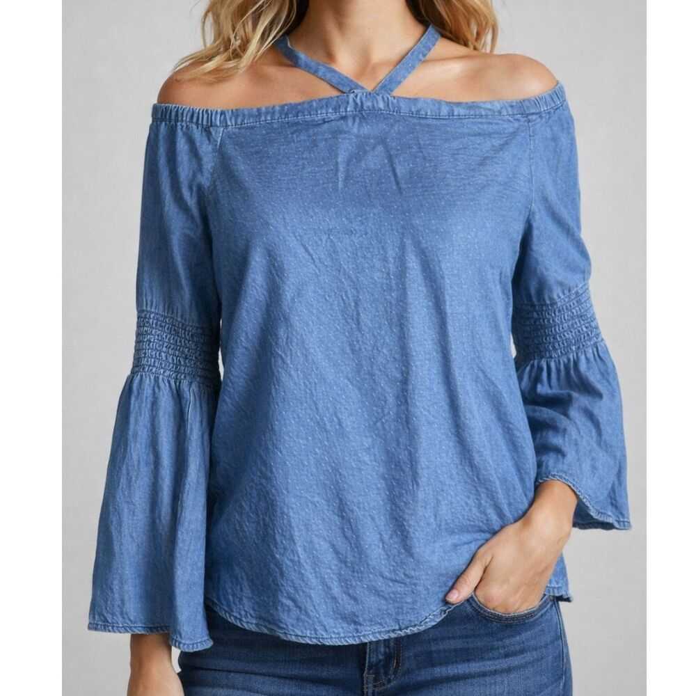 1250C Chambray Cold Shoulder Boho Western Top Smocked Bell Sleeves Medium
